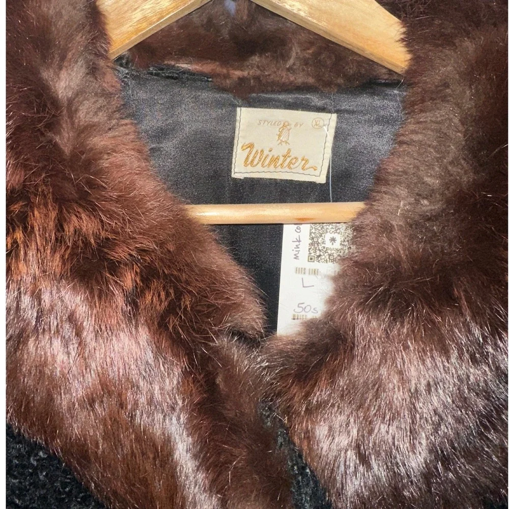 Vintage 50s Winter Persian Lambswool Coat Mink Fur Collar Black Swing Jacket L - Picture 2 of 5